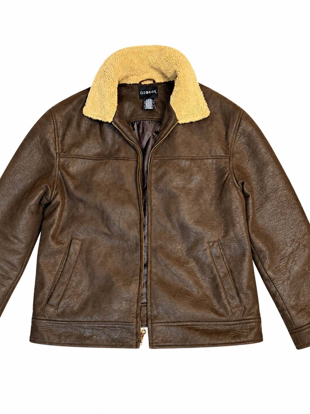 George Faux Leather Bomber Jacket Size L (42/44) Brown Shearling Collar